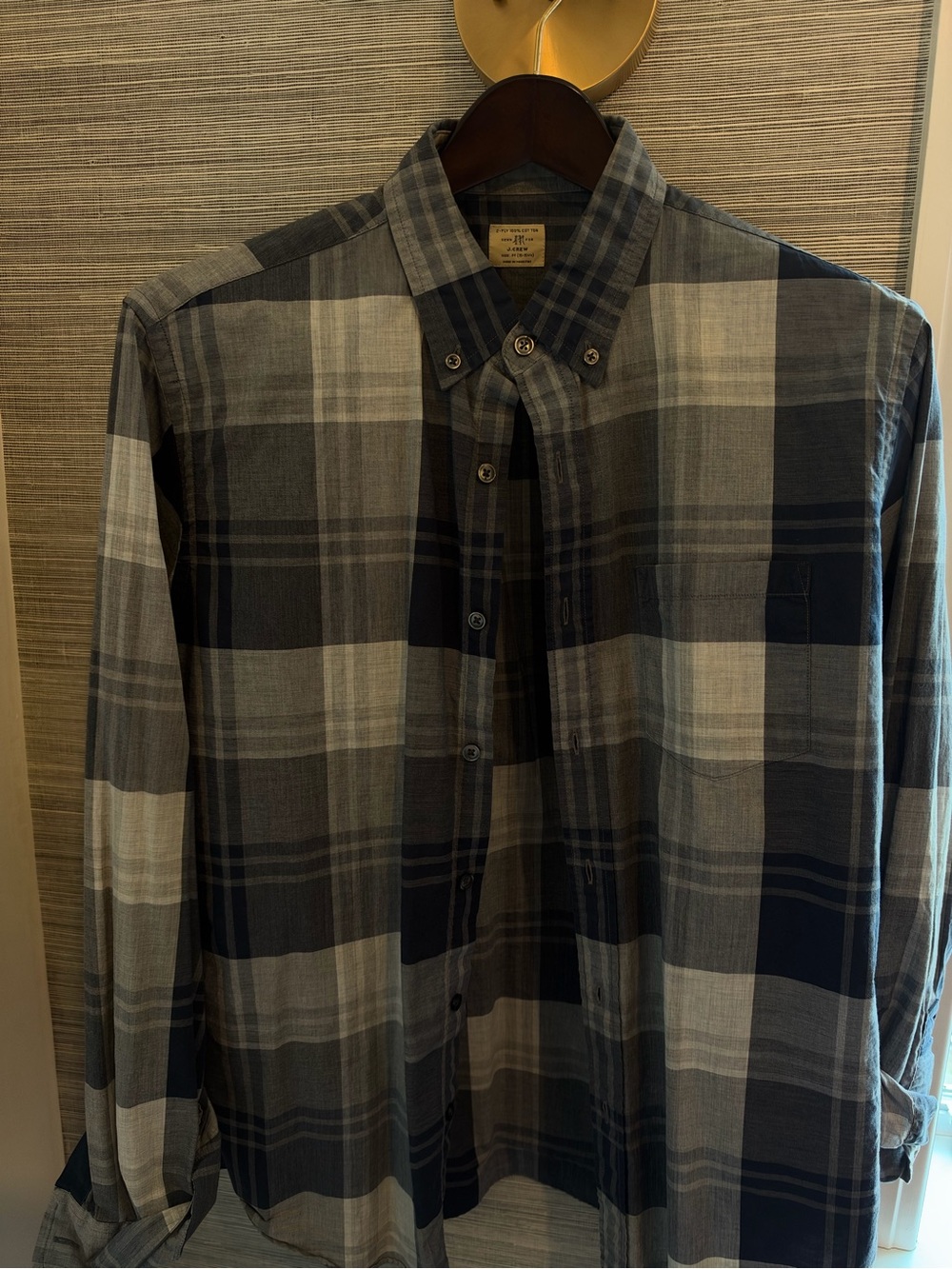 J. Crew Men's Gray and Navy Plaid Button-Down Shirt